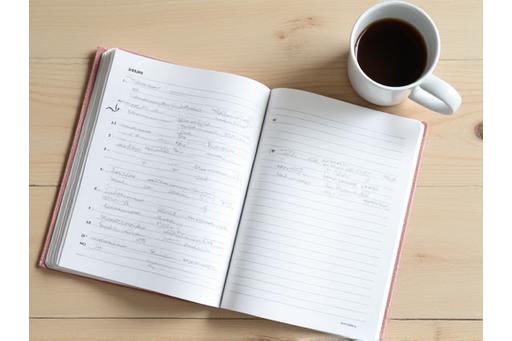 Livre de préparation IELTS sur une table avec des notes écrites à la main et un café.