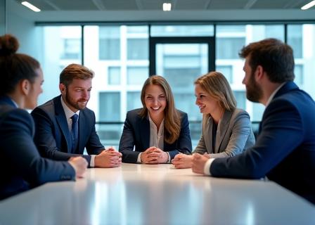 Professionnels souriants et engagés dans une discussion de groupe en costume dans un bureau moderne.