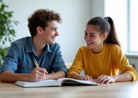 Deux étudiants souriants discutant dans une classe lumineuse, avec un manuel d'anglais ouvert sur la table.