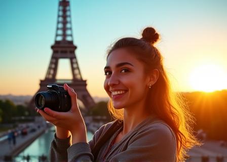 Une jeune femme souriante photographiant la Tour Eiffel, symbolisant l'immersion culturelle et linguistique à Paris.