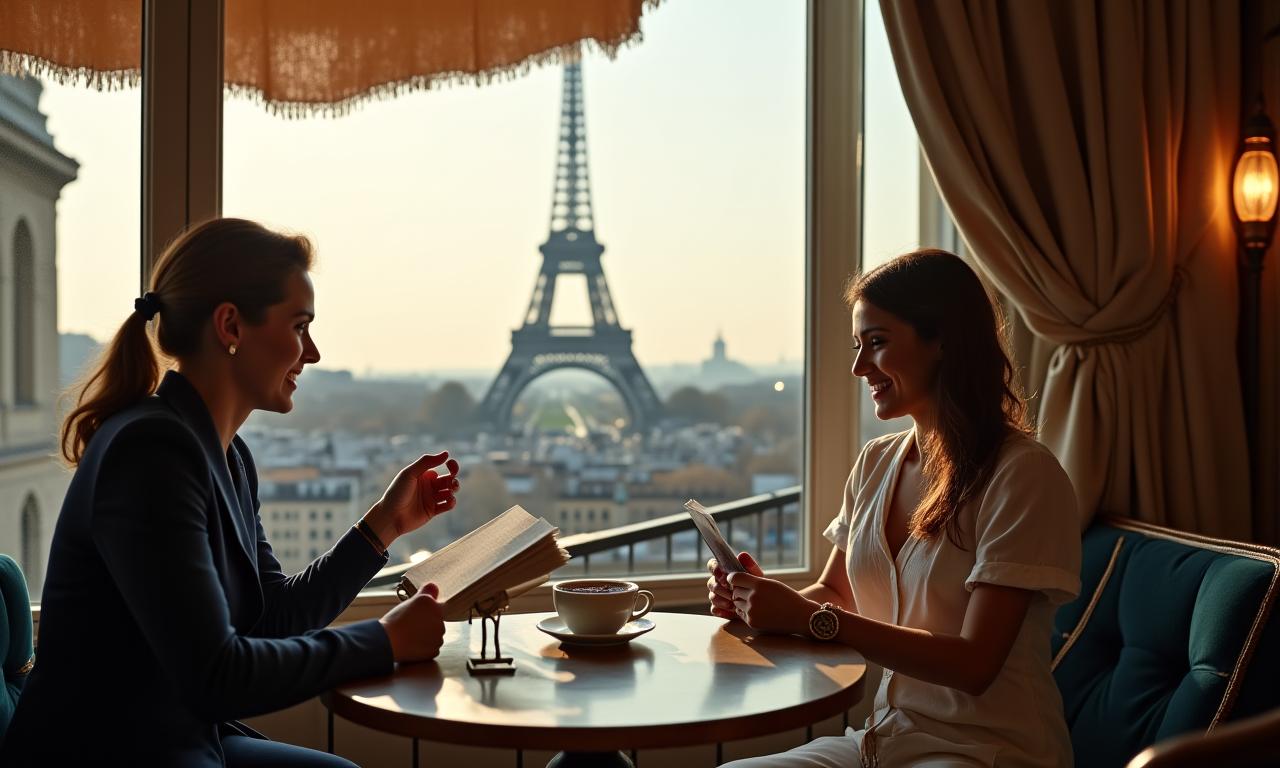 Vue d'un café parisien stylé avec la Tour Eiffel en arrière-plan et une personne lisant un livre.